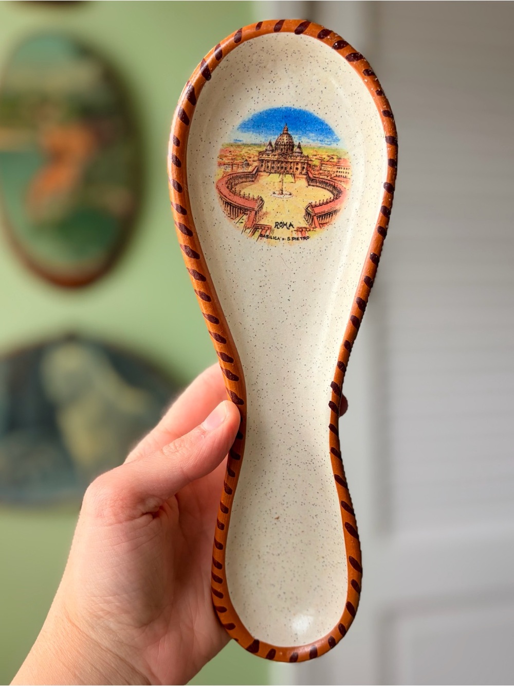 Vintage Rustic Ceramic Roma Souvenir Spoon Rest in Cream and Brown